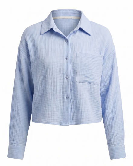Picture of sky blue cropped crinkled shirt